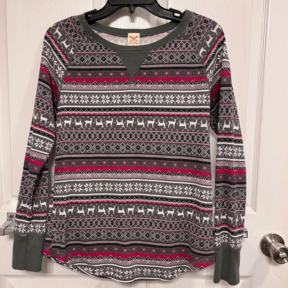 Faded Glory Womens Fair Isle Reindeer Thermal Knit Top Blue Pink Grey L 12-14